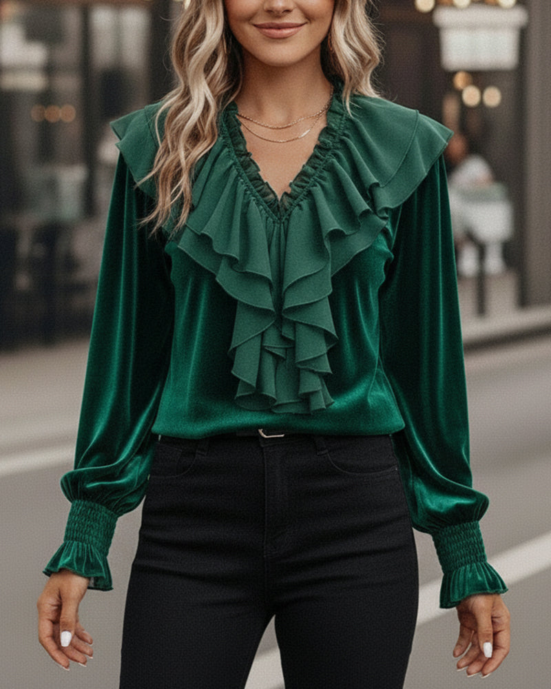 Velvet Long-Sleeved Top with Ruffled V-Neck