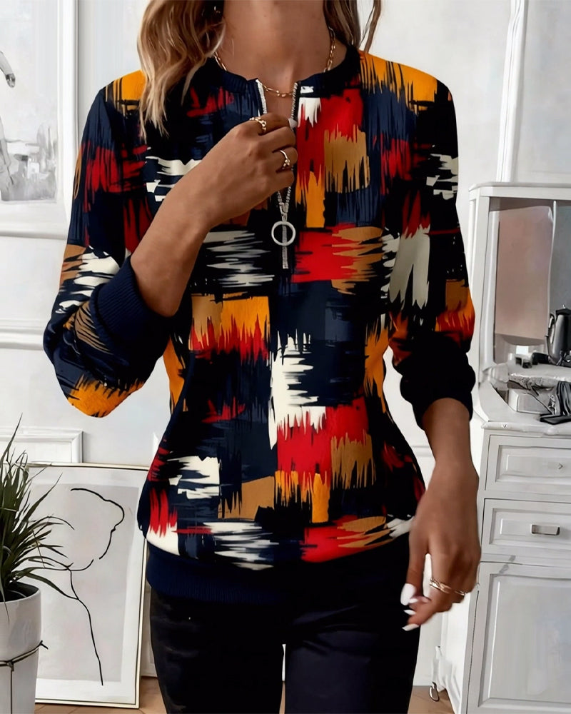 Trendy Printed Pullover Sweatshirt with Zipper