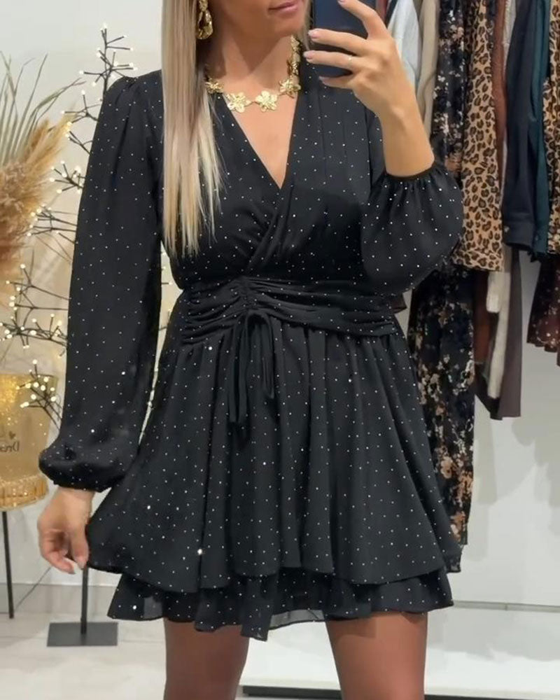 Long-Sleeved Dress with V-Neck and Puff Sleeves