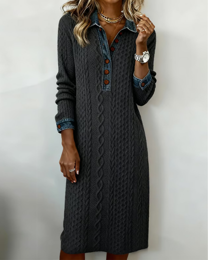 Collared Patchwork Dress in Denim Cable Knit