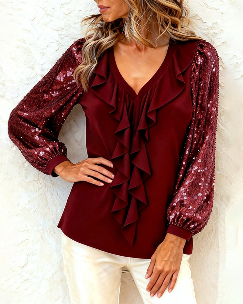 Sequined Long-Sleeve Top with Ruffled V-Neck