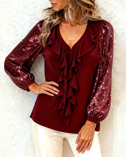 Sequined Long-Sleeve Top with Ruffled V-Neck