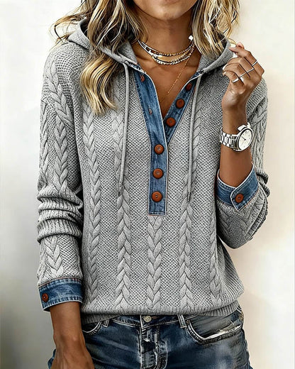 Color-Blocked Hooded Long Sleeve Button-Up