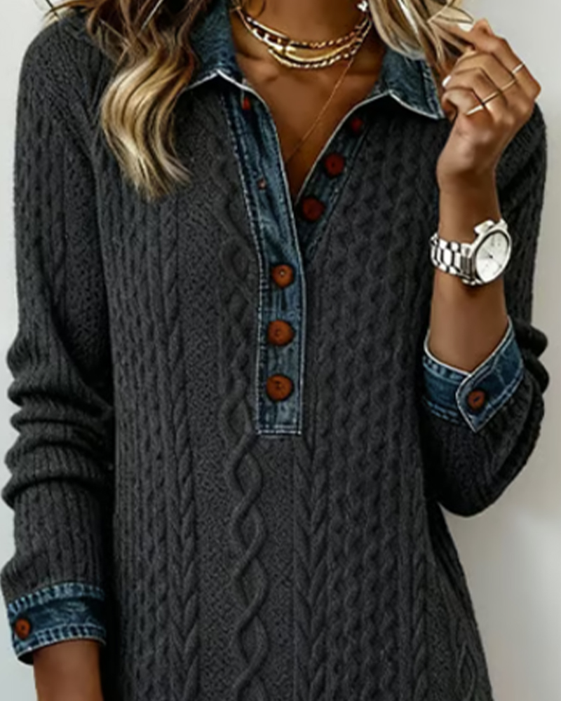 Collared Patchwork Dress in Denim Cable Knit