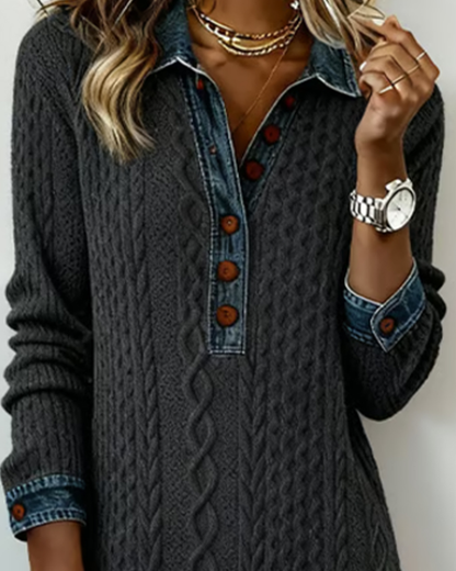 Collared Patchwork Dress in Denim Cable Knit