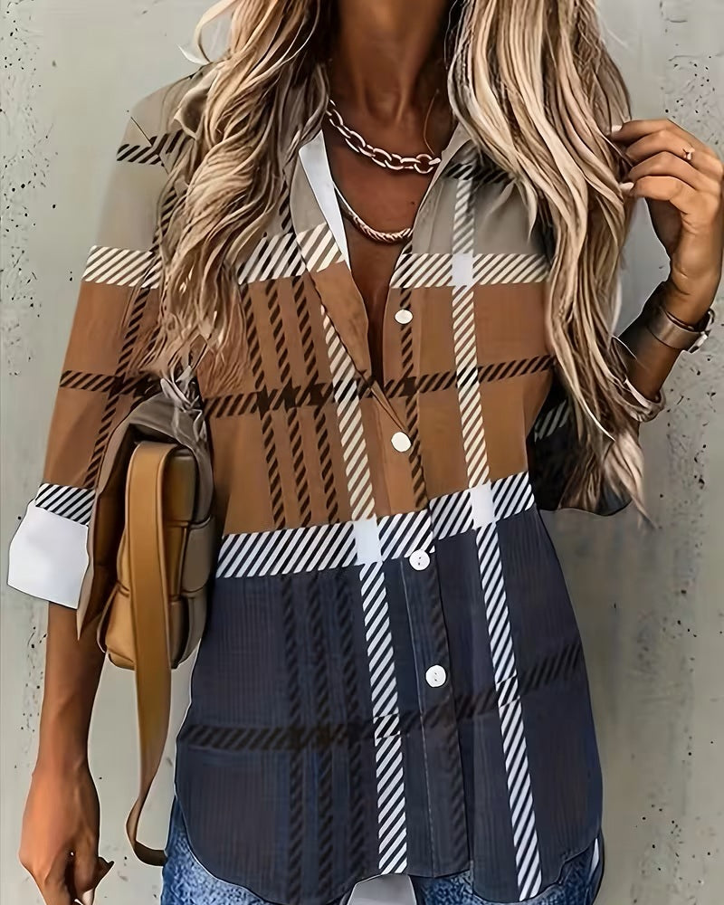 Chic Striped Lapel Shirt with Trendy Print