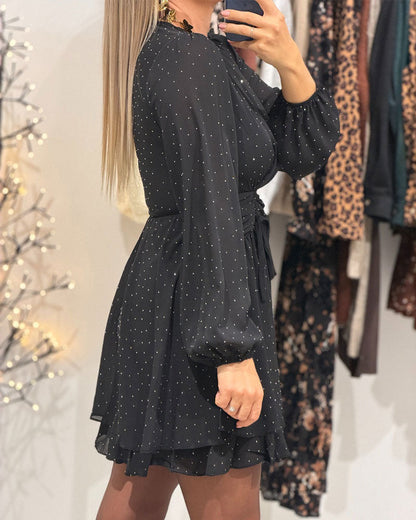 Long-Sleeved Dress with V-Neck and Puff Sleeves