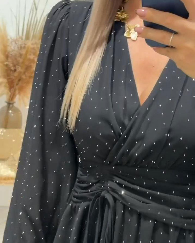 Long-Sleeved Dress with V-Neck and Puff Sleeves