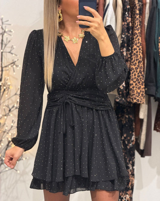 Long-Sleeved Dress with V-Neck and Puff Sleeves