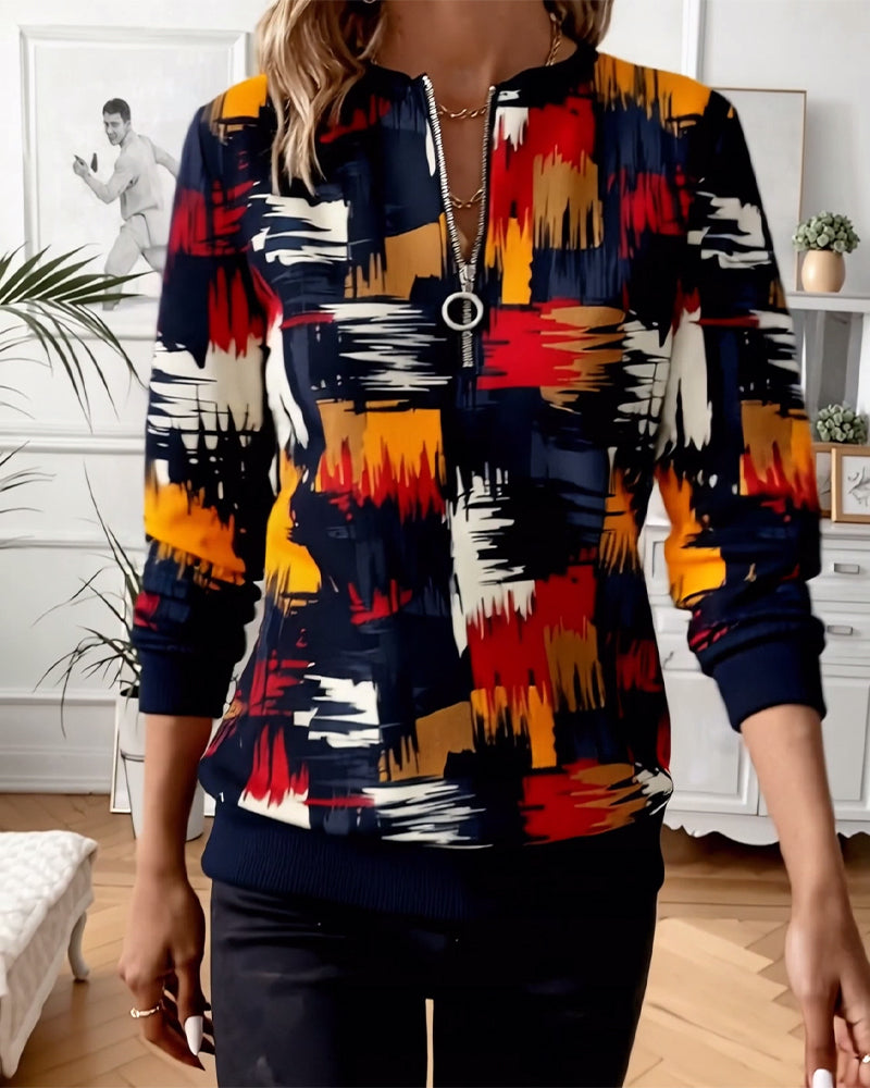 Trendy Printed Pullover Sweatshirt with Zipper