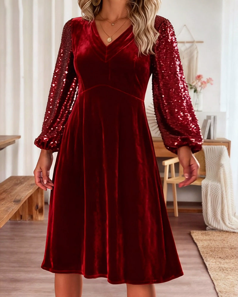 Chic V-Neck Velvet Dress in Solid Color