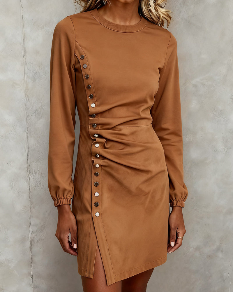 Round Neck Dress with Metal Buckle Accent