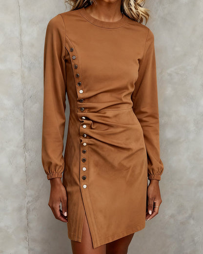 Round Neck Dress with Metal Buckle Accent
