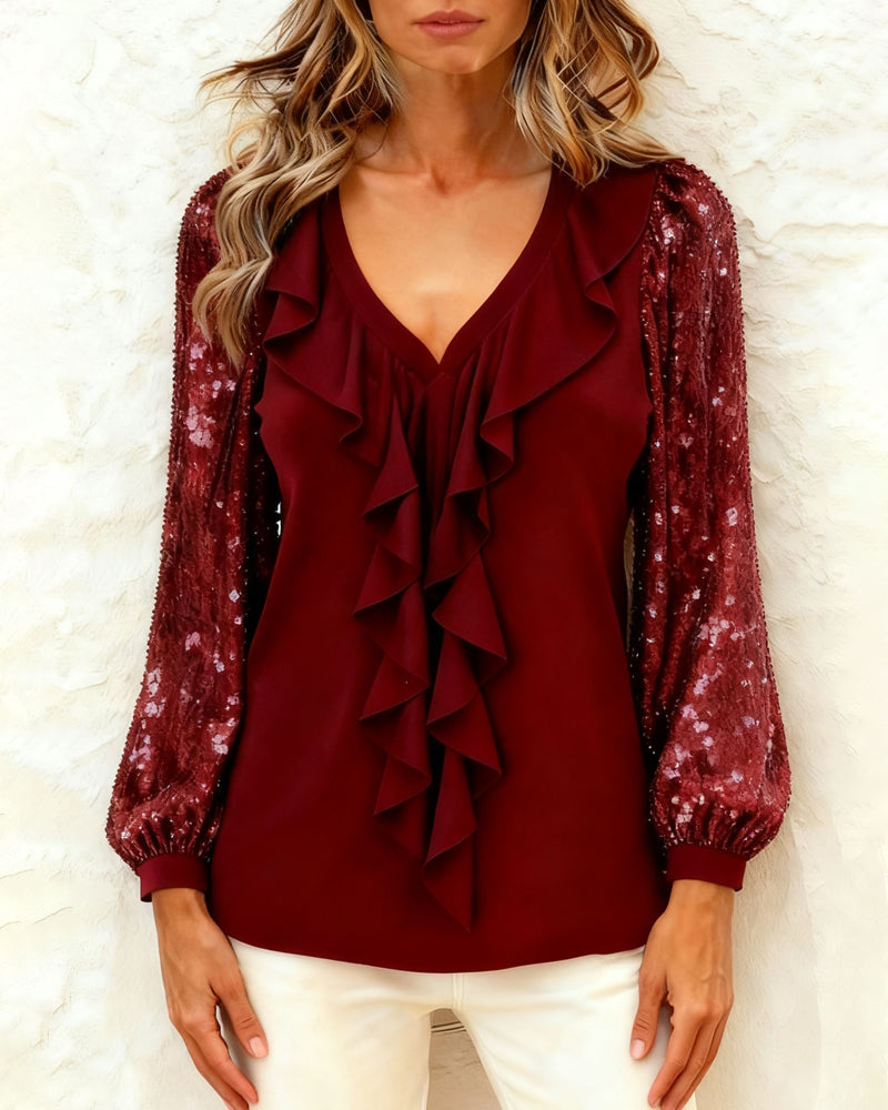 Sequined Long-Sleeve Top with Ruffled V-Neck