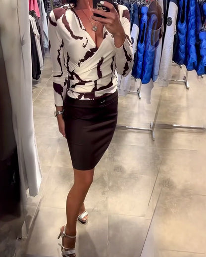 Printed Deep V-Neck Blouse