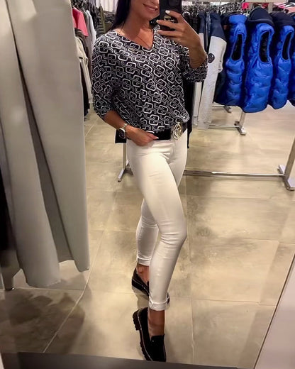 V-Neck Long Sleeve Top with Chain Print