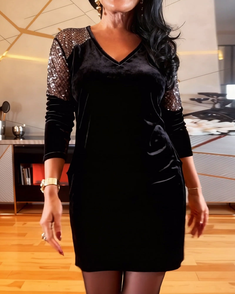 Chic Velvet Patchwork Long-Sleeve Dress