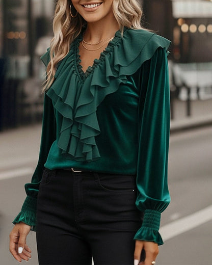 Velvet Long-Sleeved Top with Ruffled V-Neck