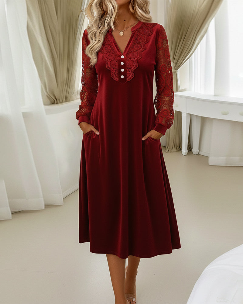 Velvet V-Neck Dress with Long Lace Sleeves