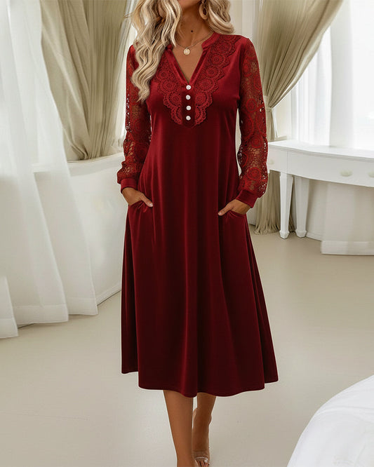 Velvet V-Neck Dress with Long Lace Sleeves