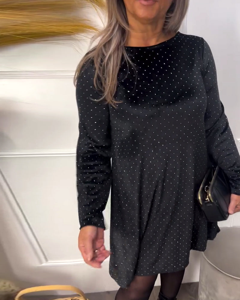 Rhinestone-Embellished Round Neck Dress