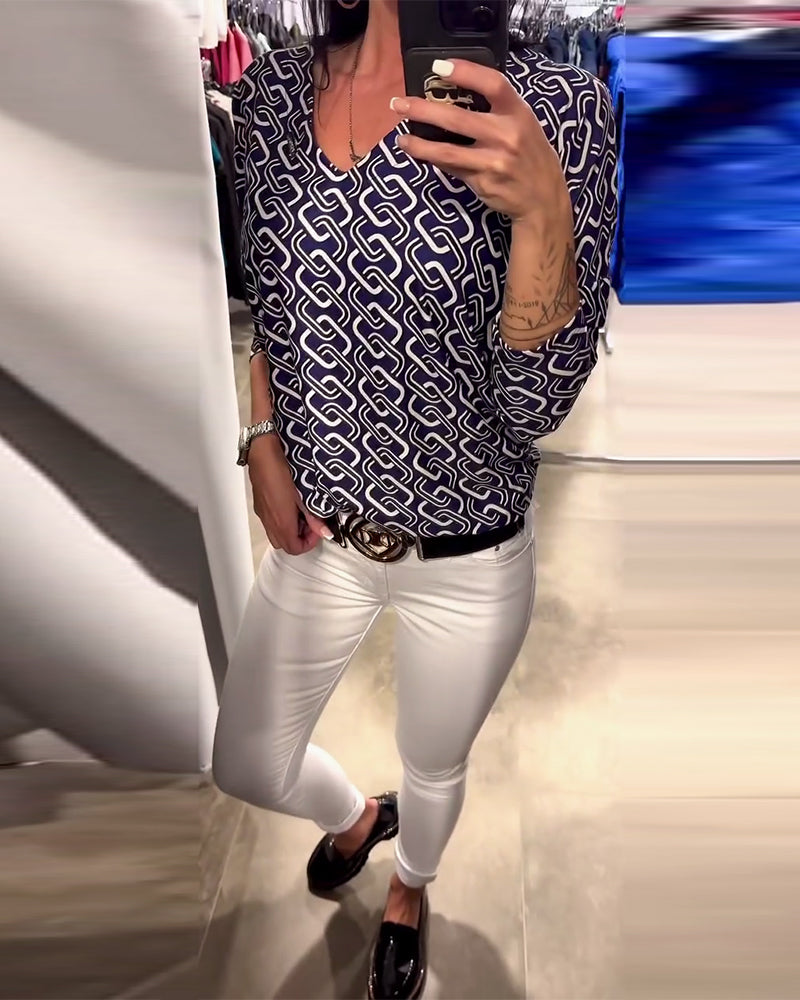 V-Neck Long Sleeve Top with Chain Print