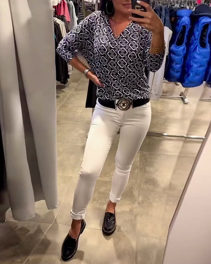 V-Neck Long Sleeve Top with Chain Print