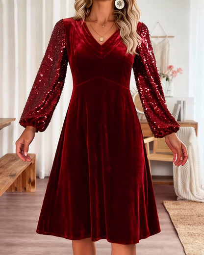 Chic V-Neck Velvet Dress in Solid Color