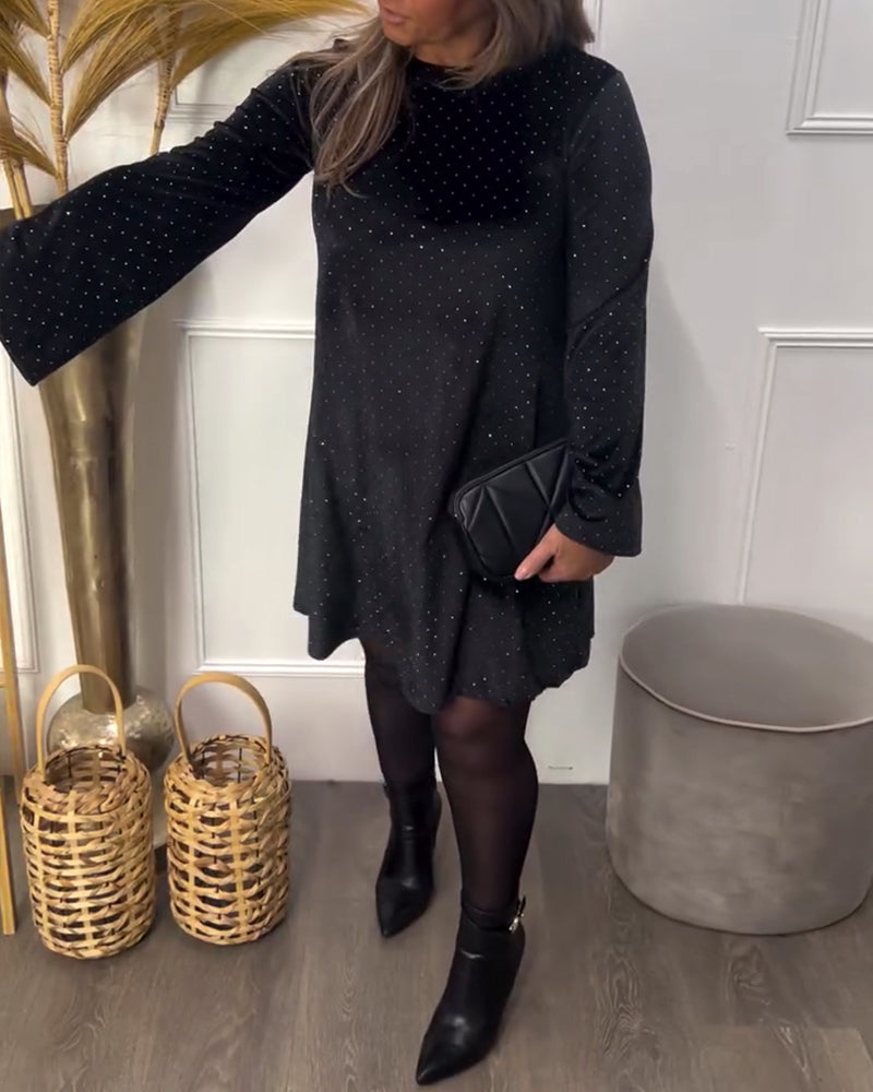 Rhinestone-Embellished Round Neck Dress