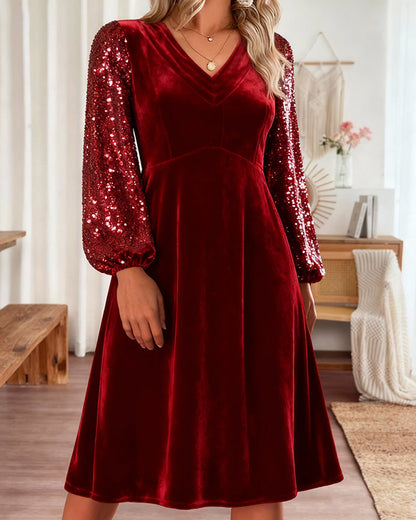 Chic V-Neck Velvet Dress in Solid Color