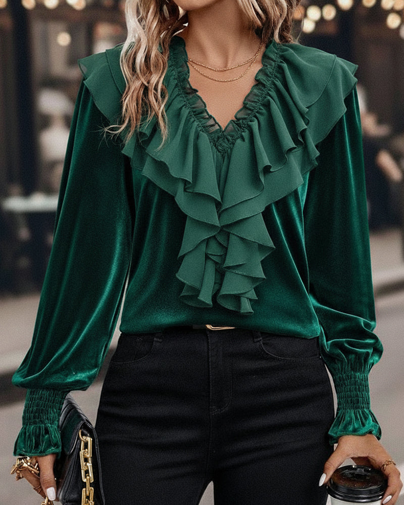 Velvet Long-Sleeved Top with Ruffled V-Neck