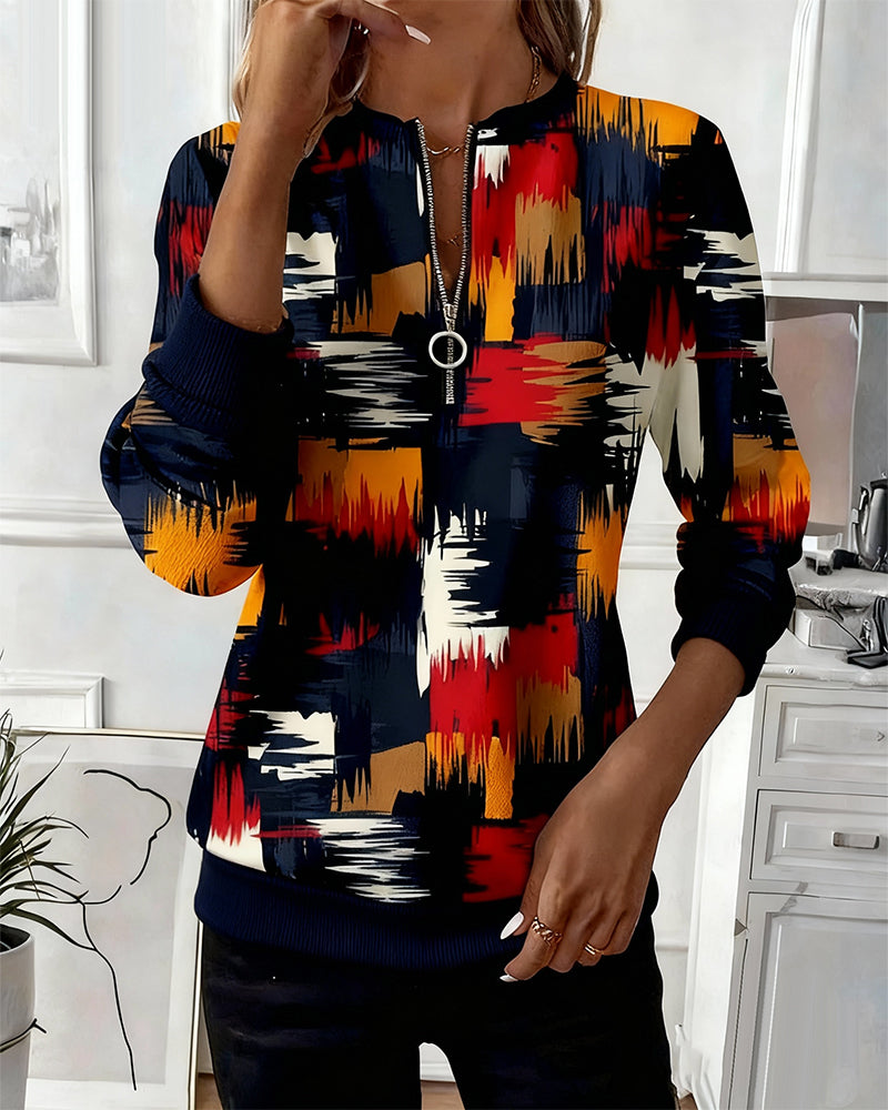 Trendy Printed Pullover Sweatshirt with Zipper