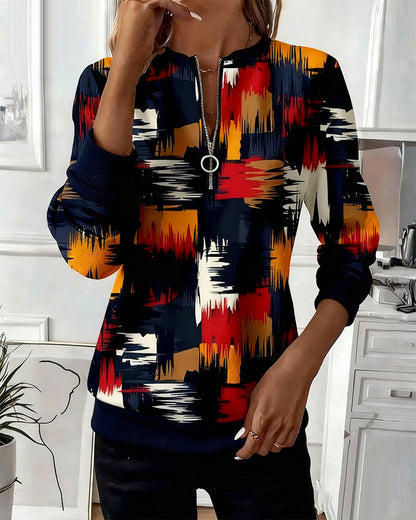 Trendy Printed Pullover Sweatshirt with Zipper