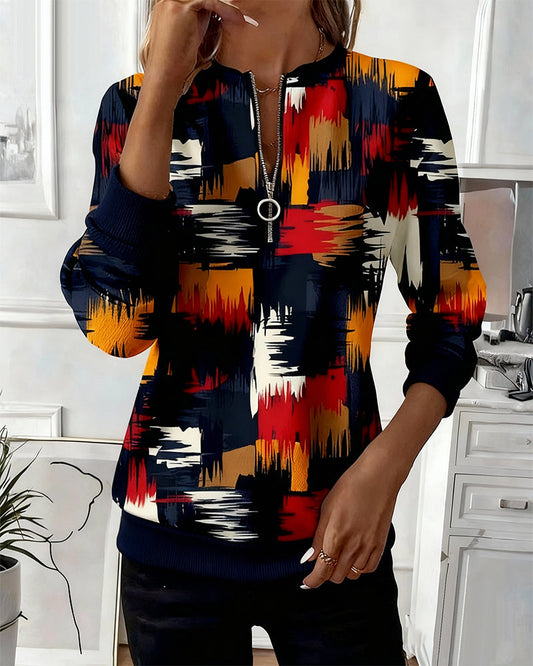 Trendy Printed Pullover Sweatshirt with Zipper