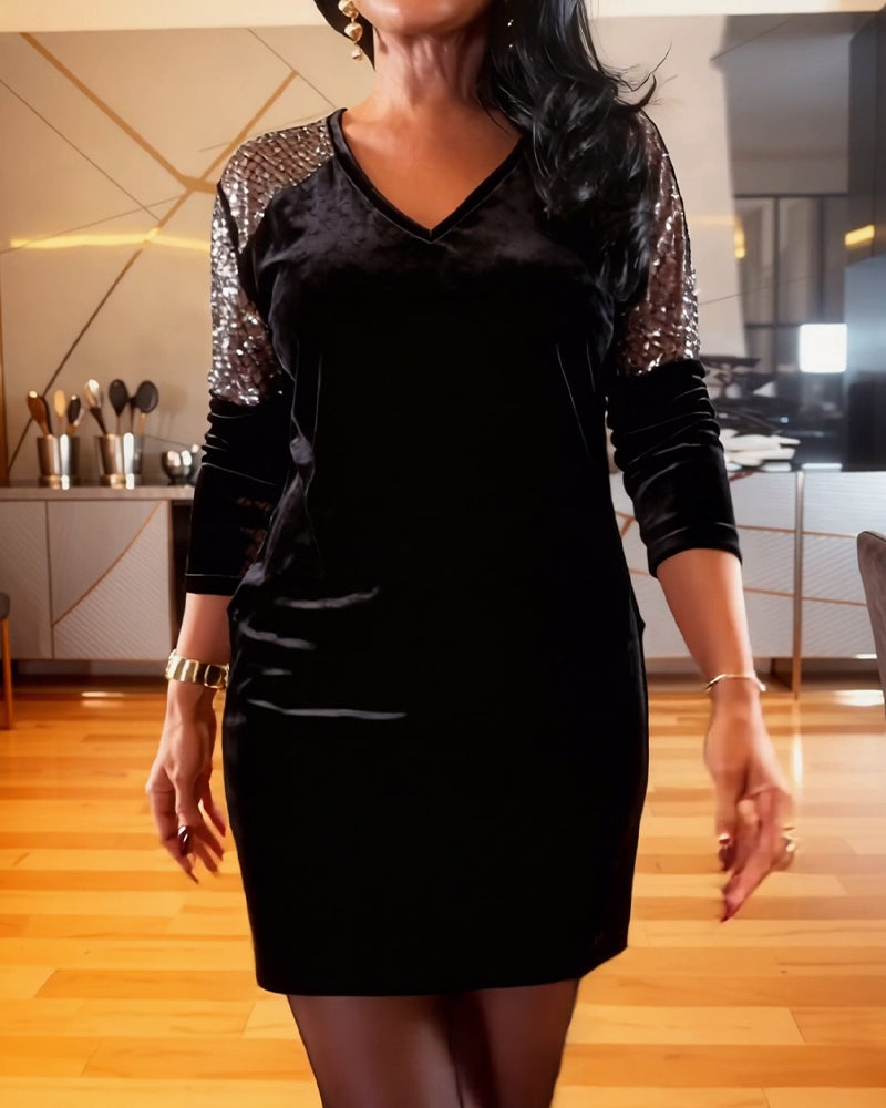 Chic Velvet Patchwork Long-Sleeve Dress