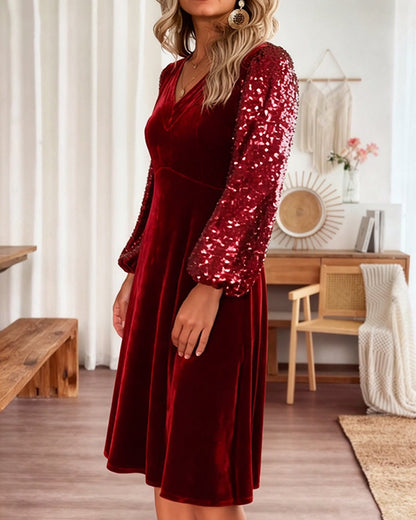 Chic V-Neck Velvet Dress in Solid Color