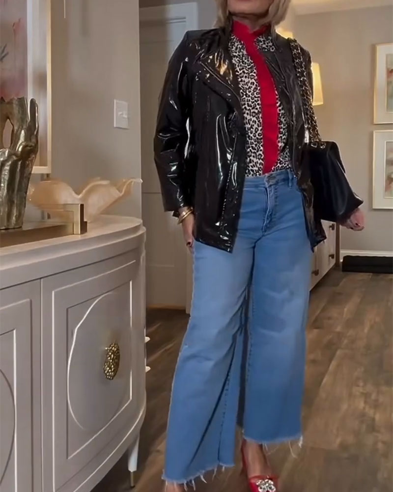 Color-Blocked Blouse with Ruffled Leopard Print