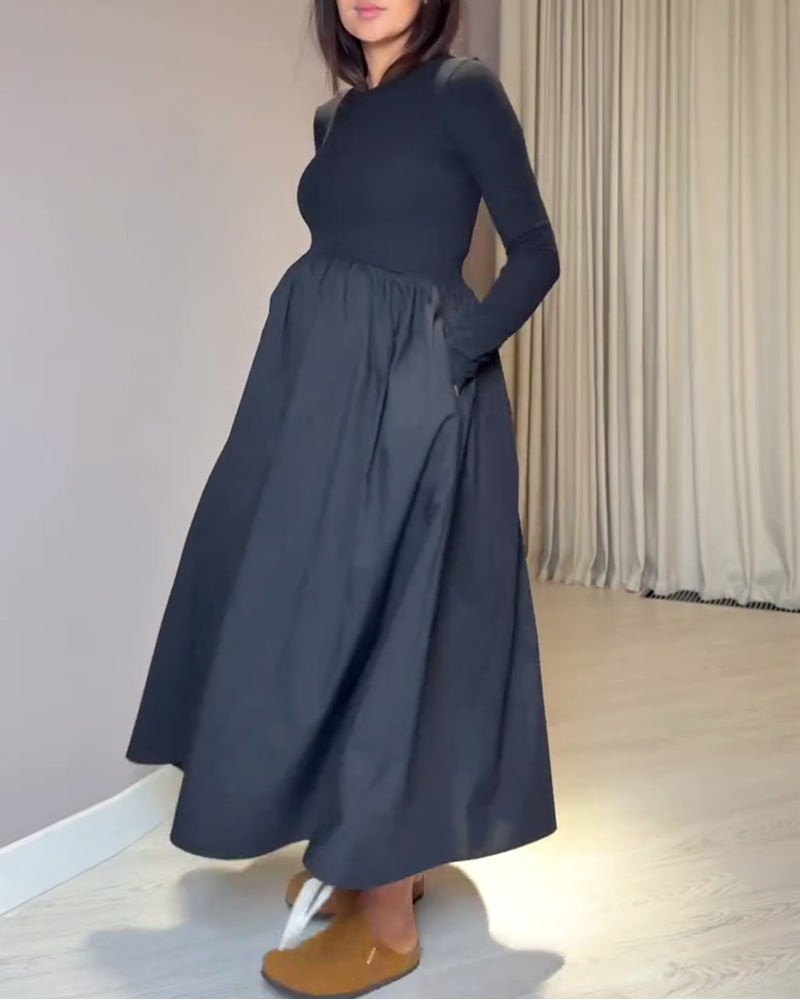 Chic Patchwork Dress with Round Neckline