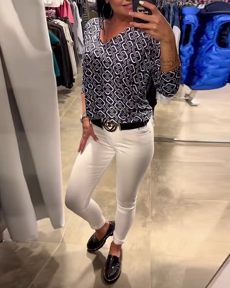 V-Neck Long Sleeve Top with Chain Print
