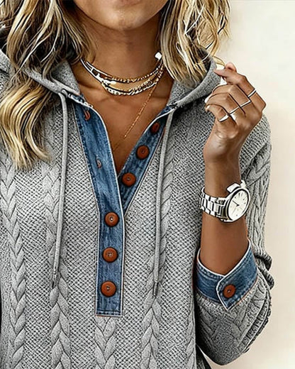 Color-Blocked Hooded Long Sleeve Button-Up